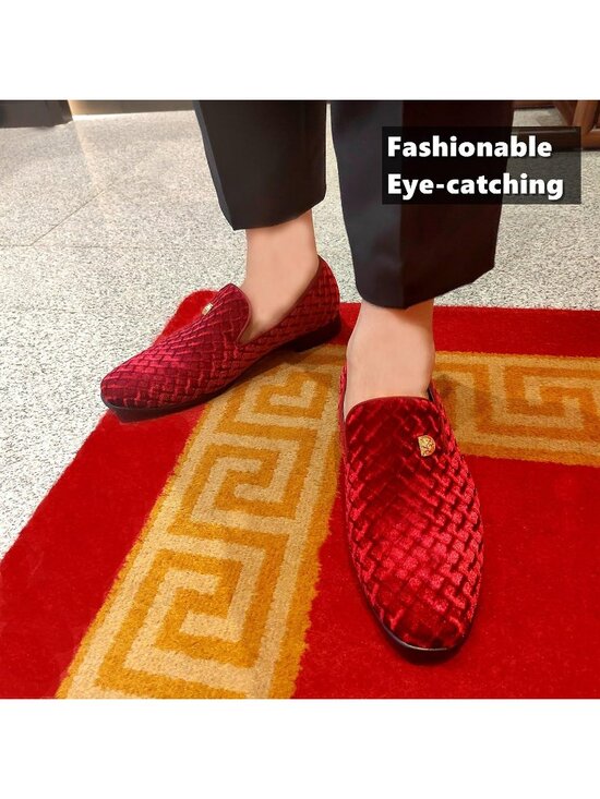 REIHUANNE Men\'s Burgundy Velvet Penny Loafer Suede Slip On Smoking Wedding Shoes main image 4